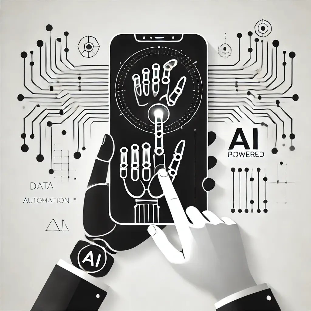 DALL·E 2025-02-16 16.58.23 - A minimalistic black-and-white digital illustration symbolizing AI-powered automation. The design features a sleek robotic hand interacting with a dig